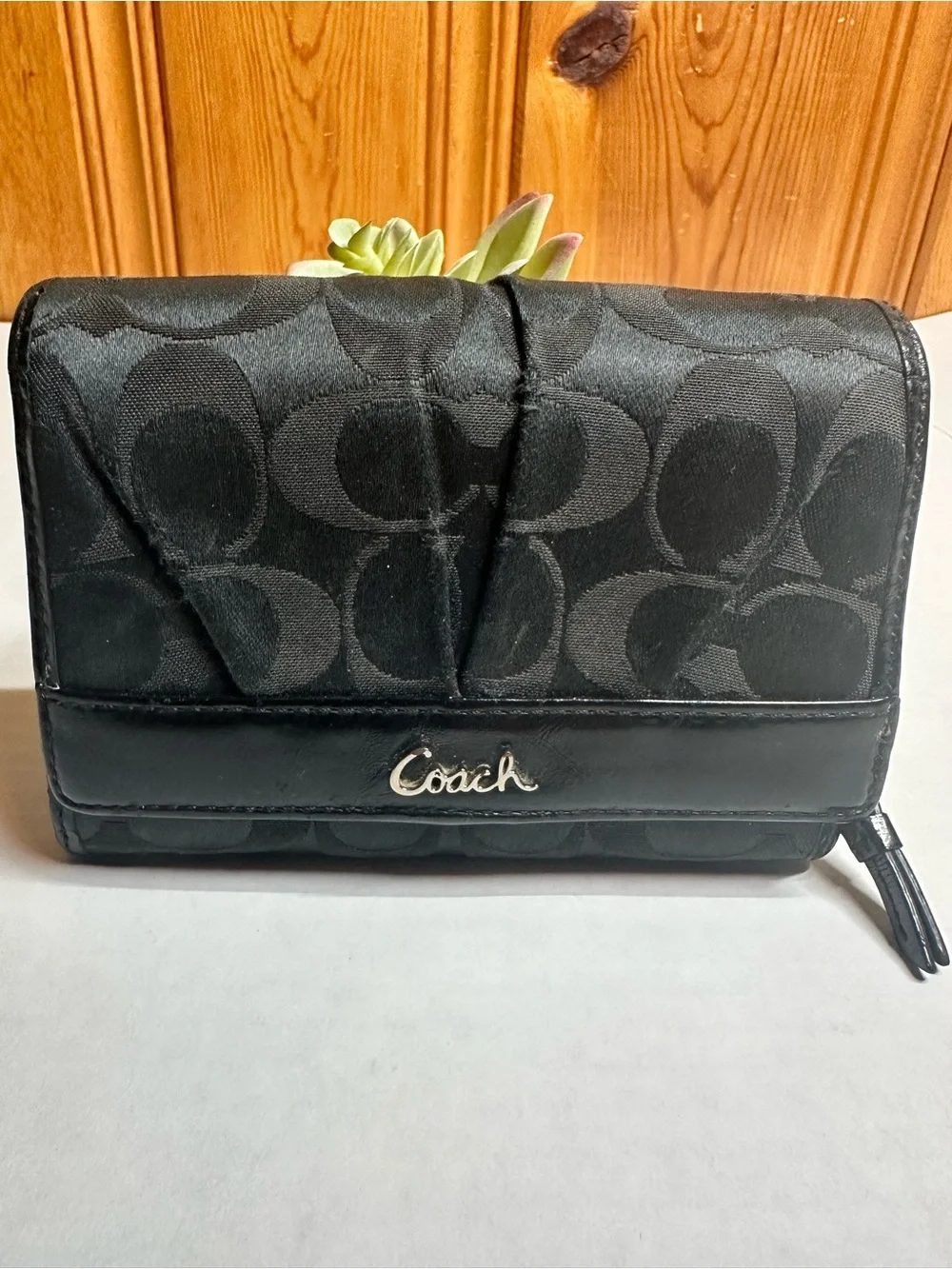 Coach Black Signature Logo Compact Wallet with Silver Logo